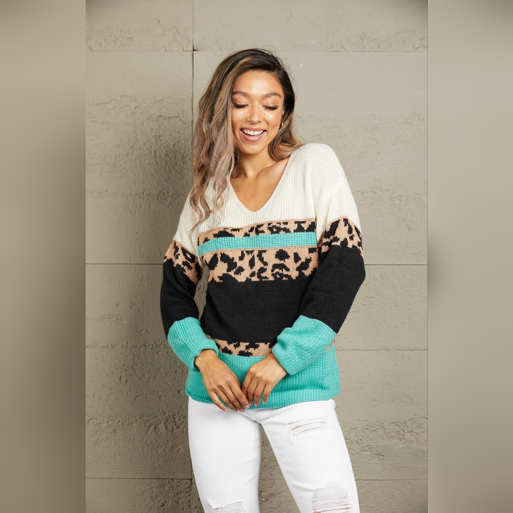 Woven Right Leopard Color Block V-Neck Rib-Knit Sweater SALE 20% OFF